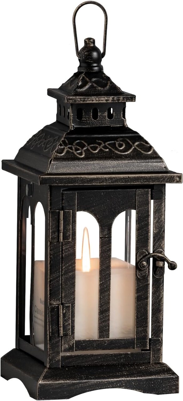Indoor and outdoor decorative candle lanterns made of vintage metal, perfect for front porches, patios, wedding parties, and Christmas décor (black with copper brush).